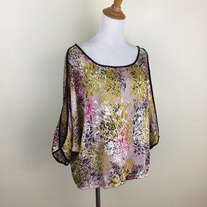 DANIEL RAINN Multi Color Print Black Trim Cut Out Long Sleeve Satin Shirt